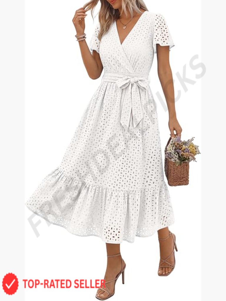 Summer Midi Dress Short Sleeve V Neck Eyelet A Line Flowy Vacation Dress Pockets